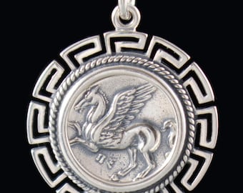 Pegasus and Goddess Athena Handcrafted Silver Pendant in a Meander Frame-Mythical Winged Horse-Corinthian Stater-Ancient Greek Coin