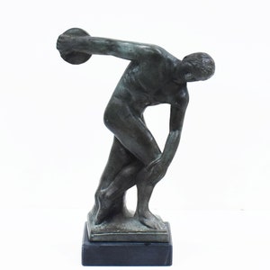 Discobolus of Myron Discus Thrower Small Statue with Bronze Colour Effect and Marble Base Ancient Greek Art Desktop Decoration