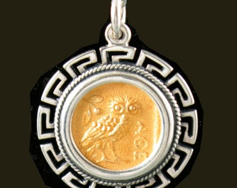 Athenian Owl Gold Plated Silver Pendant in a Meander Frame-Symbol of Wisdom and Intelligence- Goddess Athena-Ancient Greek Coin-Copy