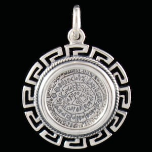 Phaistos Disc Small Handmade Silver Pendant in a Meander Frame-Minoan Bronze Age- Archaeological Museum of Heraklion-Crete-Ancient Greece