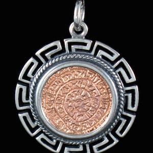 Phaistos Disc Rose Gold Plated Silver Pendant-Meander Frame-Minoan Bronze Age- Archaeological Museum of Heraklion-Crete-Ancient Greece