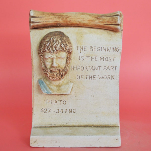 Plato Relief with Quote Desktop Decorative Sculpture Lightly Colored Ancient Greek Philosopher Gift Idea for Philosophy Lovers
