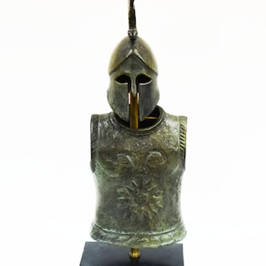 Small Size Set of Ancient Greek Helmet and Armor-Spartan Corinthian-Hoplite Soldier-Pure Bronze with Marble Base-Replica