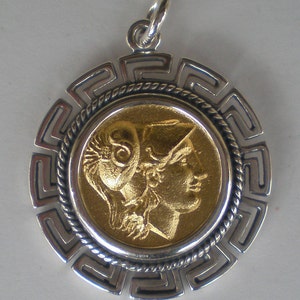 Helmetted Goddess Athena Silver Coin PendantGold Plated Meander Design image 3