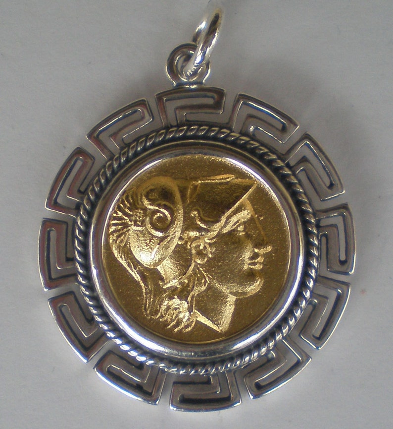 Helmetted Goddess Athena Silver Coin PendantGold Plated Meander Design image 3