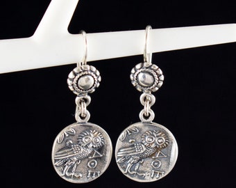 Athena Tetradrachme Silber Ohrringe-Eule Symbol der Weisheit, des Wissens und der Intelligenz-Göttin Athena-antike griechische Münze-Kopie