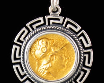 Stater Coin of Alexander the Great-Gold Plated Silver Pendant in a Meander Frame-323 BC-Goddess Athena-Winged Goddess Nike-Ancient Greece