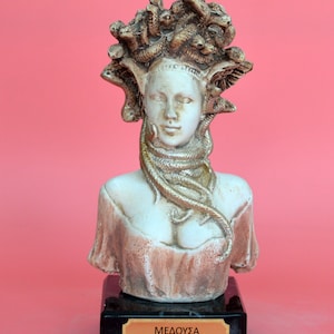 Bust of Medusa with Marble Base Snake-Haired Gorgon Mother of Pegasus Ancient Greek Mythology Desktop Decoration