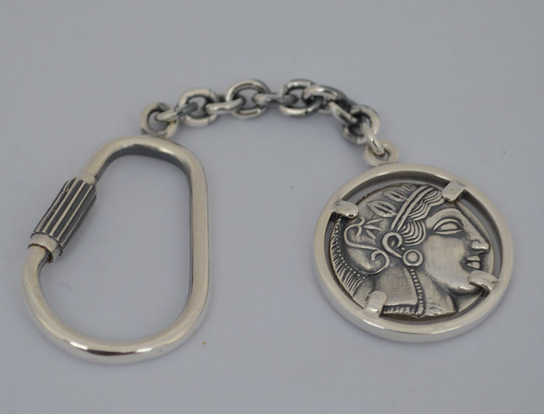Goddess Athena & Owl of Wisdom Silver Keychain - Athens Tetradrachm