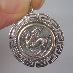 Aphrodite & Pegasus Mythical Horse Coin Pendant With Meander Design - Goddess Venus - Handcrafted Silver Pendant of Pegasus