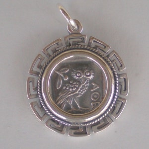 Owl Of Wisdom Coin Pendant with Meander Design High Quality Item - Athena Silver Pendant Gift Idea