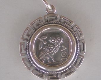 Owl Of Wisdom Coin Pendant with Meander Design High Quality Item - Athena Silver Pendant Gift Idea