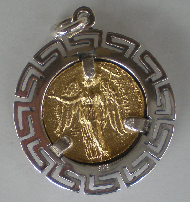 Helmetted Goddess Athena Silver Coin PendantGold Plated Meander Design image 4