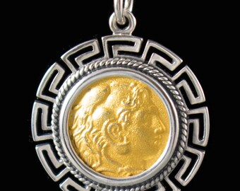 Alexander the Great  Gold Plated Silver Pendant in a Meander Frame-Ancient Greek Coin-King of Macedonia -Amphipolis Mint-Hellenistic Period