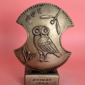 Miniature of a Figure-of-Eight Shield Decorated with the Owl of Athens- Symbol of Wisdom and Intelligence-Ancient Greece-Bronze Color Effect
