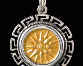 Vergina Sun Small Gold Plated Silver Pendant in a Meander Frame-Star of Vergina-Symbol of Totality and Completeness