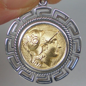 Helmetted Goddess Athena Silver Coin PendantGold Plated Meander Design image 1