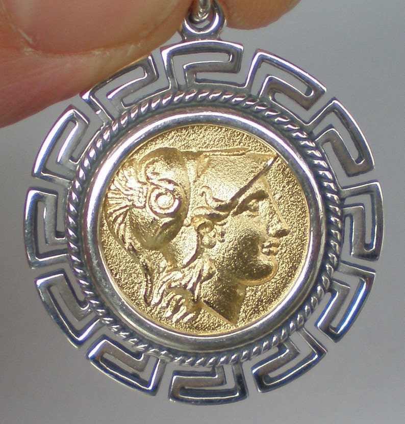 Helmetted Goddess Athena Silver Coin PendantGold Plated Meander Design image 1