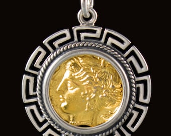 Artemis Arethousa  Gold Plated Silver Pendant in A Meander Frame-Diana Syracuse Coin-Persephone-Charioteer and Winged Nike-Ancient Greece