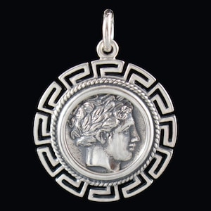 Stater Coin of King Philip II of Macedon Silver Pendant in A Meander Frame-Apollo God of Light,Music,Healing- Charioteer-Ancient Greece