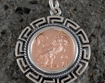 Owl Of Wisdom Coin Pendant Meander Design(Rose Gold Plated) - Athena - High Quality Item Rose Gold Plated Silver Pendant