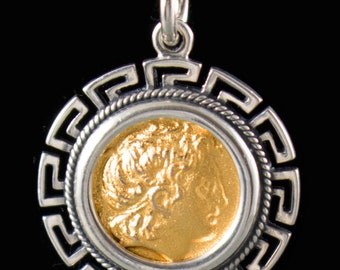 Alexander the Great Gold Plated Silver Pendant in a Meander Frame-Ancient Greek Coin-Goddess Athena Nikephoros-Lysimachos King of Thrace