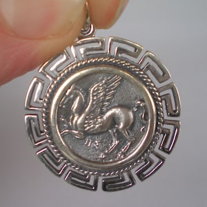Mythical Horse Pegasus Coin Pendant With Meander -Goddess Athena- Corinth Stater