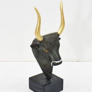 Minoan Bull&#39;s Head-Small Bronze Statue-Symbol of Power,Strength,Prosperity-Palace of Knossos-Crete-Marble base-Ancient Greece