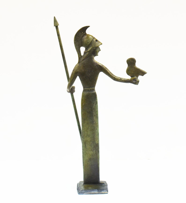 Déesse Athéna casquée avec sa chouette et une lance Statue en bronze Symbole de sagesse, d'artisanat, de guerre et de stratégie Grèce antique image 5