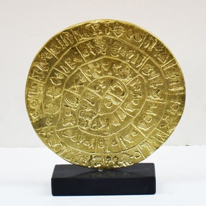 Phaestos Disc-Bronze Sculpture-Marble Base-Minoan Palace of Phaistos-Crete-Bronze Age-Ancient Greece-Museum Reproduction