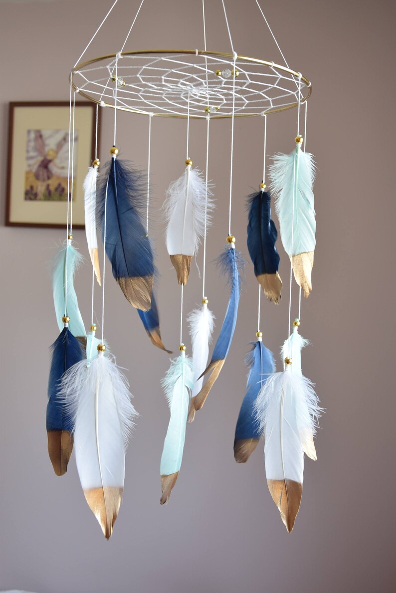 Navy Blue Baby Boy Mobile Dreamcatcher Nursery Mobile Mint Nursery Decor