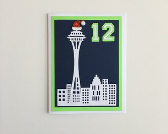 Handmade Seattle Seahawks Christmas 12 &  the City 12th Man Space Needle Greeting Card