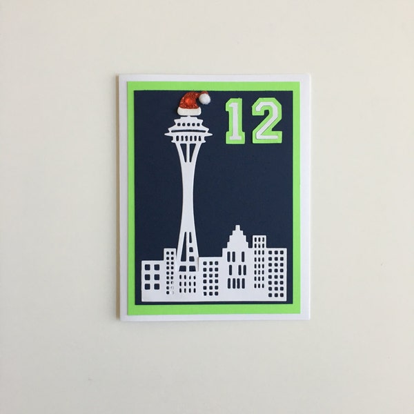 Handmade Seattle Seahawks Christmas 12 &  the City 12th Man Space Needle Greeting Card