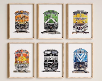 Locomotive Train Prints (Set of 6) | Boys Room Train Decor | Colorful Railroad Art Prints | Train Print Artwork | Boys Bedroom Ideas