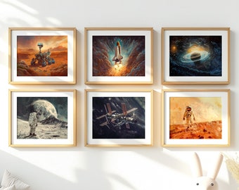 Space Exploration Prints (Set of 6) | Mars Rover | Space Shuttle | Saturn | Space Wall Art Decor | Space Posters | Boys Room Wall Art