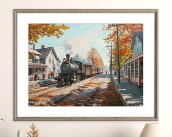 New England Steam Train Print | Small Town Railroad | Acrylic Train Art Poster | Steam Train in the Village | Printable Railfan Wall Art