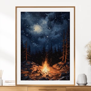 Impresión de arte de pared de fogata / Descarga de arte imprimible de paisaje / Decoración de arte de pared imprimible / Impresión de camping nocturno / Descarga digital instantánea