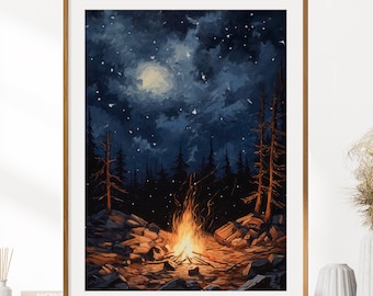 Campfire Wall Art Print | Landscape Printable Art Download | Printable Wall Art Decor | Night Camping Print | Instant Digital Download