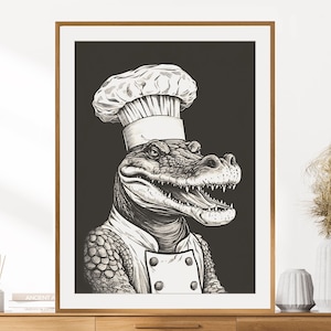 Crocodile Chef Print | Vintage Animal Portrait | Mancave Poster | Printable Wall Decor | Crocodile Art Print | Instant Digital Download