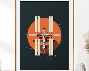 Op de afbeelding: Een minimalistische illustratie van het International Space Station dat om een ​​rode planeet draait tegen een donkerblauwe achtergrond. Het ruimtestation is wit met zwarte accenten en is omringd door kleine witte sterren.