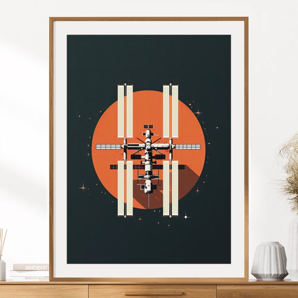 Retro Space Station Print | Space Station Illustration | Space Wall Art Decor | Retro Space Poster | Boys Room Wall Art | Vintage Space Art