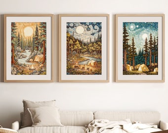 Camping in the Woods (Set of 3) | Printable Wall Art Decor | Camping Print | Campfire | River | Moonlight | Woods | Instant Digital Download