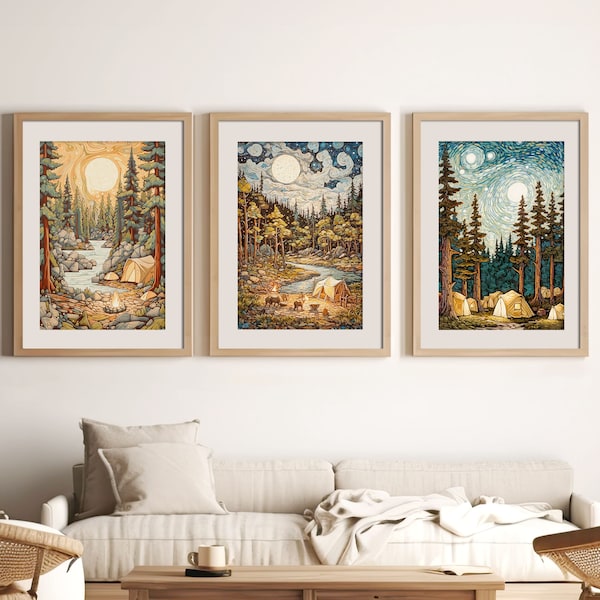 Camping in the Woods (Set of 3) | Printable Wall Art Decor | Camping Print | Campfire | River | Moonlight | Woods | Instant Digital Download