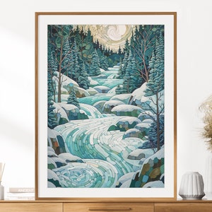 Winter River Cascade Print | Fantasy Wall Art | Snowy Woods Print | Stained Glass | Enchanted Forest Wall Decor | Instant Digital Download