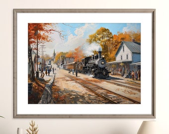 New England Steam Train Print | Small Town Railroad | Acrylic Train Art Poster | Steam Train in the Village | Railfan Wall Art