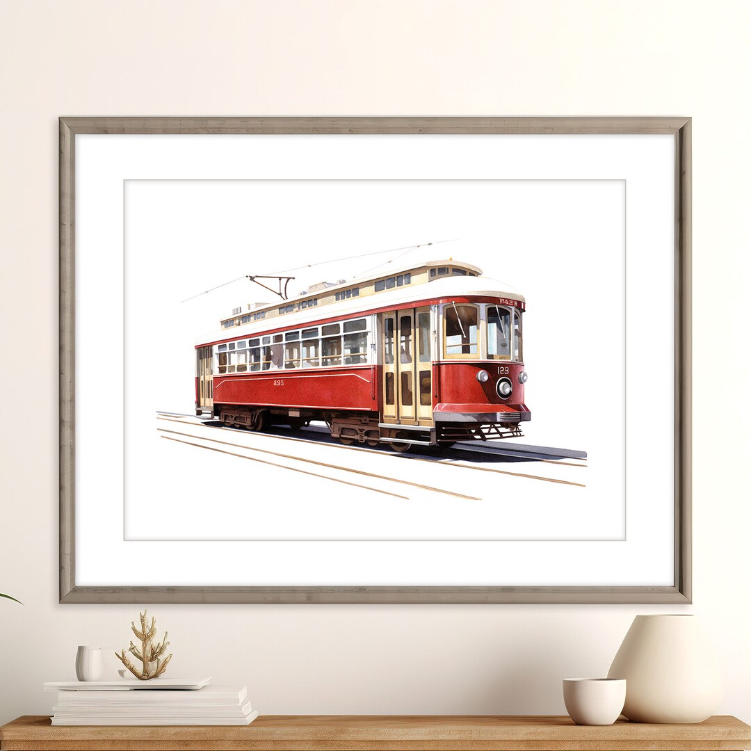 Trolley Train Print (red) | Vintage Train Print | Railroad Art | Boys ...
