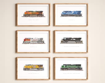 Locomotive Train Prints (Set of 6) | Printable Railroad Art | Digital Train Set | BNSF | Santa Fe | Union Pacific | Boys Room Wall Decor