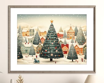 Christmas Village Print | Vintage Christmas Art Poster | Holiday Wall Art Decor | Winter Wonderland | Merry Christmas | Digital Download