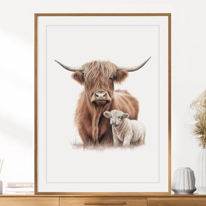 Highland Kuh Druck | Tierportrait | Highland Kuh Wandkunst | Kinderzimmer Dekor | Kinderzimmer Wandkunst | Buntstift Zeichnung | Bauernhof Tiere