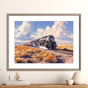 May include: A vintage steam locomotive train travels through a desert landscape under a bright blue sky with fluffy white clouds. The train is made up of a black engine and several passenger cars. The train is moving towards the viewer.